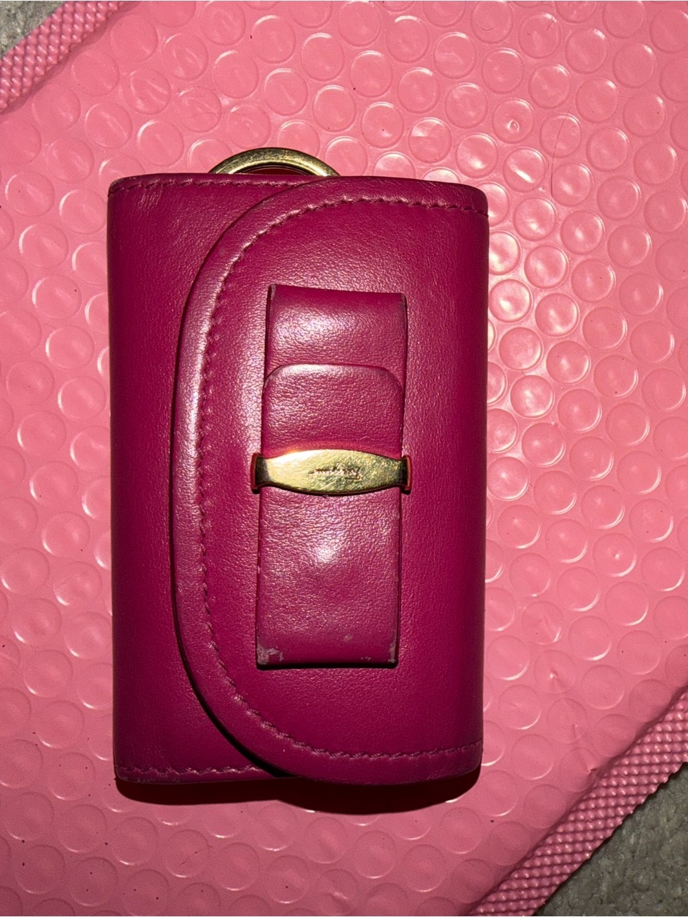 Salvatore Ferragamo Fuchsia Leather Key Holder with Gold Hardware